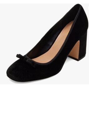 Pazzion Black Round Toe Pump Velvet Double Bow Chunky High Heel Slip On Shoe